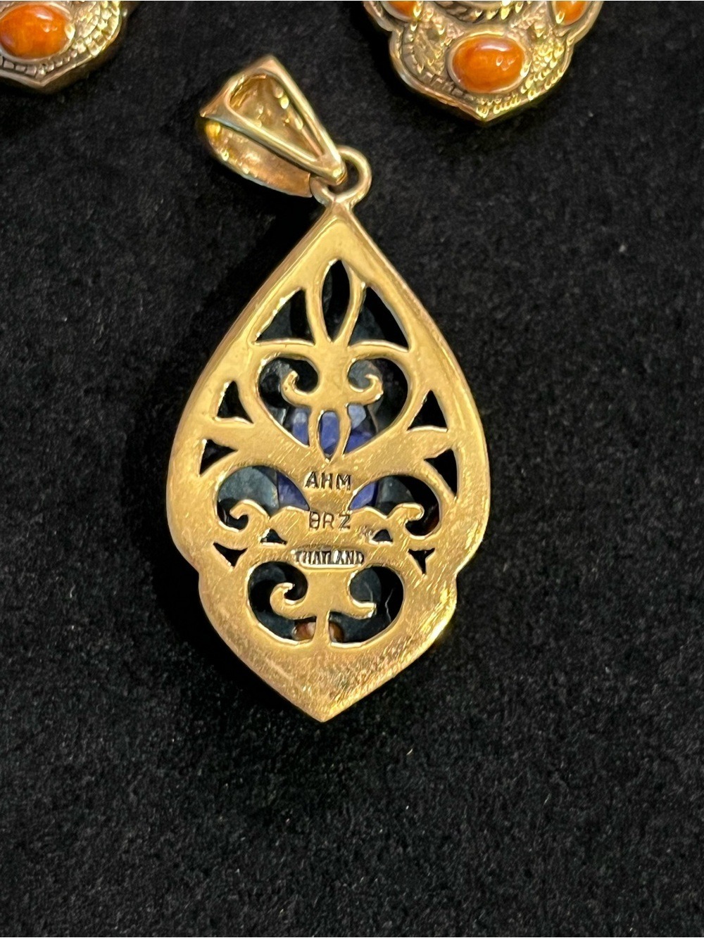 Vintage Brass Lapis Earring and Pendant Set - Picture 3 of 7